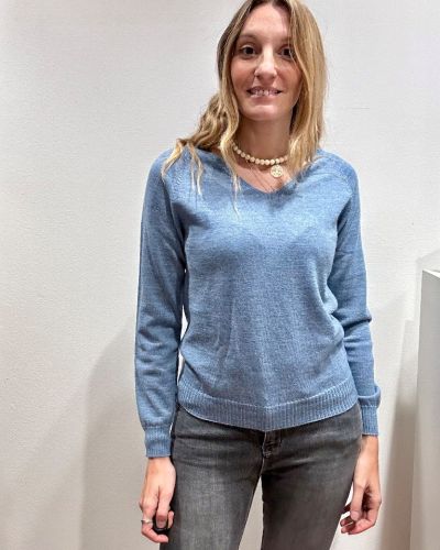 Maglia scollo V lana merino azzurra