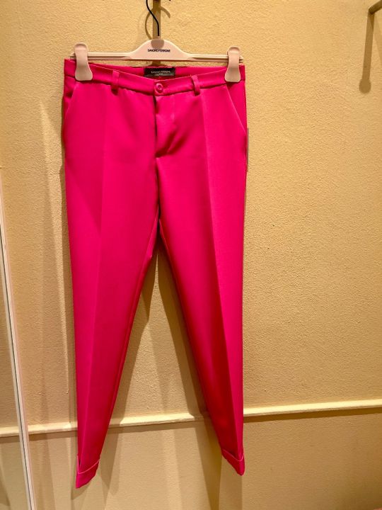 Pantalone tessuto tecnico risvoltino fucsia